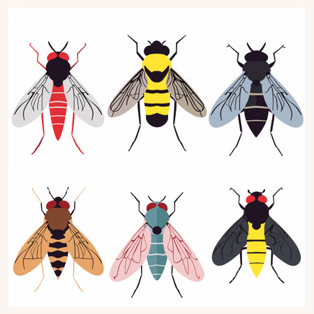 Six stylized insects illustrated colorful design graphic. Flat design bee, fly, insects vector art collection isolated. Entomology study educational material, insect identification chartのイラスト素材