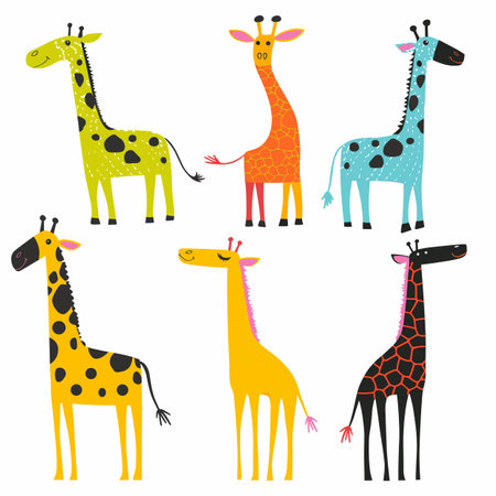 Six colorful cartoon giraffes, playful illustration, different patterns colors. Childfriendly graphics, giraffes unique designs, vibrant tones, cheerful expressions. Cute animals, kids decorationのイラスト素材