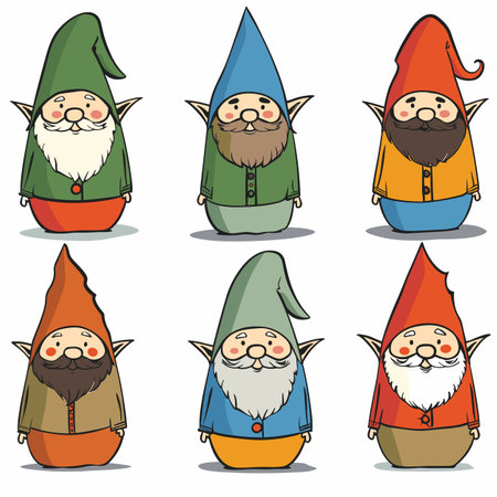 Six cartoon gnomes arranged rows, unique colored outfits hats. Gnomes display cheerful expressions, long beards, pointy ears, gnome stands isolated white background simple shading clean linesのイラスト素材