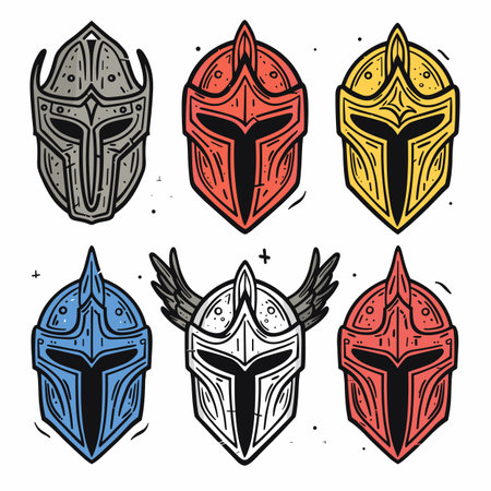 Collection colorful warrior helmets design, medieval knight headgear battle, fantasy gaming icons. Handdrawn helmet illustrations, set six different color schemes styles roleplaying. Graphic elementのイラスト素材