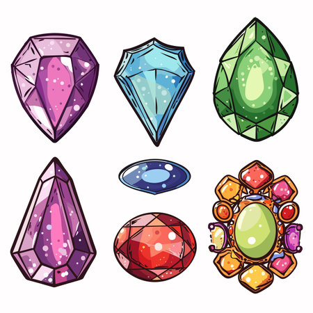 Colorful gemstones cartoon illustration, various shapes colors depicted. Handdrawn style gems, perfect game graphics, educational materials minerals. Vibrant shiny crystals, illustration suitableのイラスト素材