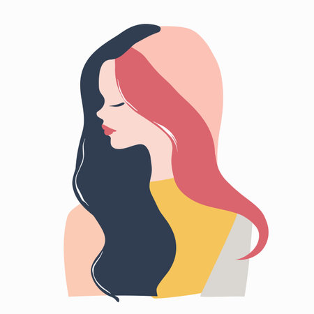 Female character minimalistic portrait, serene woman, modern art style, long hair, side profile view. Abstract woman illustration, colorful hair, artistic portrait, beauty conceptのイラスト素材