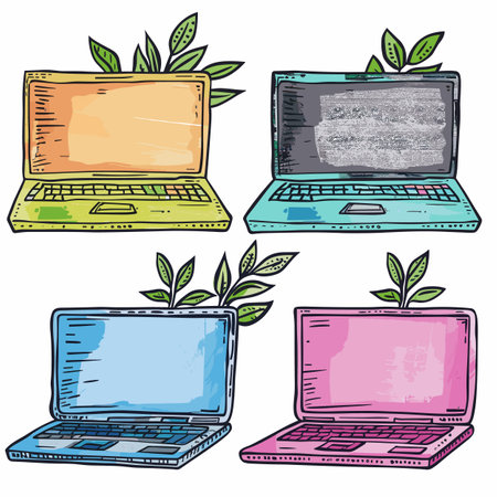 Four colorful laptops plant leaves vibrant sketch style, notebook computer unique color, adorned foliage, creative technology concept. Handdrawn electronics, ecofriendly computing ideaのイラスト素材