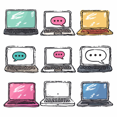 Nine colorful laptops displaying different speech bubbles screen scribbles, handdrawn doodle style, isolated white background. Cartoon laptops various colors, communication concept, technologyのイラスト素材