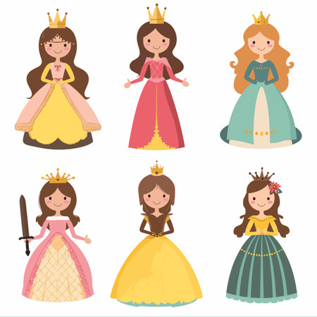 Six cartoon princesses wearing colorful royal dresses crowns, princess has unique hairstyle dress design, friendly appearance. Characters suitable childrens book, fairy tale, game designのイラスト素材