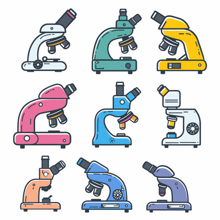 Set colorful microscopes, various designs laboratory equipment. Science research, biology chemistry laboratory optical instruments. Cartoon style microscopes illustration different angles colorsのイラスト素材