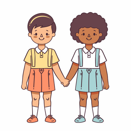 Two children holding hands smiling, friendship concept, diverse, happy kids, cartoon style. Boy girl friends, casual clothing, standing together, isolated white background, bright colors. Schoolageのイラスト素材
