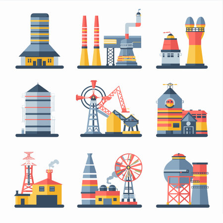 Industrial buildings, factories, plants set. Flat design style, colorful vector illustration. Different types manufacturing power generation structuresのイラスト素材
