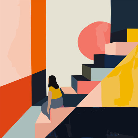 Woman sitting stairs abstract geometric background colorful shapes. Female contemplating modern art minimalist style vibrant hues. Solitude reflection contemporary artwork figure resting geometricのイラスト素材