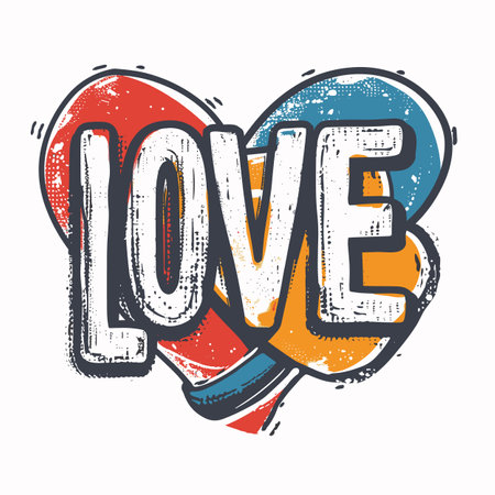 Colorful love typography retro style, bold letters forming word LOVE, artistic design isolated white background. Vibrant red, blue, yellow colors distressed print effect, heart shape replacing Oのイラスト素材