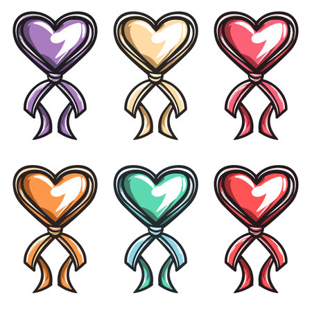 Six cartoon heart balloons different colors ribbons, vibrant colorful, playful style. Heartshaped balloon icons bows, glossy comic, love celebration theme, valentines day decoration. Balloons heartのイラスト素材