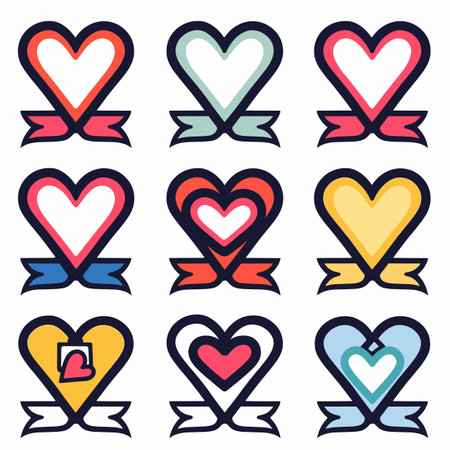Set nine heart icons ribbon banners, various colors, love symbols, Valentines Day, heart shapes decorative ribbons, bold line art. Graphic vector illustrations hearts bows, colorful collectionのイラスト素材