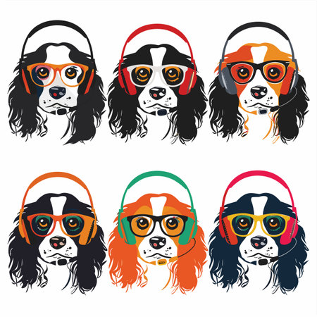 Six cute spaniel dogs wearing colorful headphones glasses. Illustration features canine expressive enjoying music, trendy pets. Dogs detailed, dog individual headphone glasses colorのイラスト素材