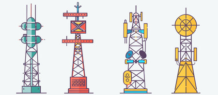 Set four colorful flat design oil rigs derricks isolated against light background, unique design. Structures extraction, drilling production oil gas, industrial equipment. Detailed illustrationのイラスト素材