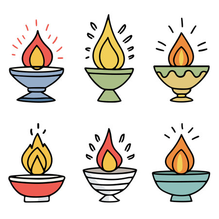 Six colorful diya lamps flaming, religious Hindu festival, Deepawali celebration elements. Hand drawn Diwali oil lamps vector illustration, festive decoration, isolated white background. Simple lineのイラスト素材