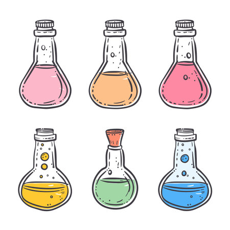 Six colorful potion bottles, handdrawn chemistry flasks doodled illustration. Magic potions set, cartoon laboratory vials pink, orange, yellow, green, blue liquids. Science experiment, alchemyのイラスト素材