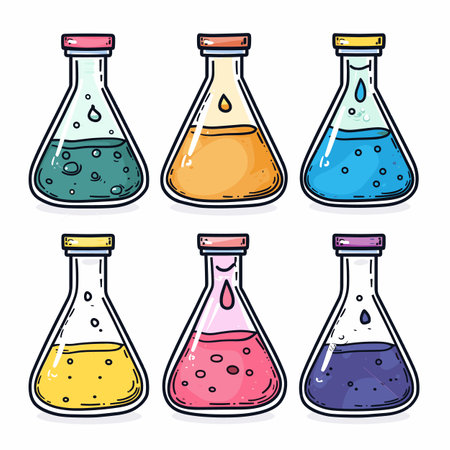 Cartoon style flasks containing colorful. Bright colorful flasks cartoon illustration, equipment concept various filled flasksのイラスト素材