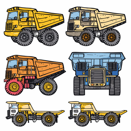 Six colorful dump trucks haul trucks, illustrated cartoon style. Different designs angles heavyduty mining construction vehicles. Bright colors include yellow, blue, black, beige exaggerated tireのイラスト素材