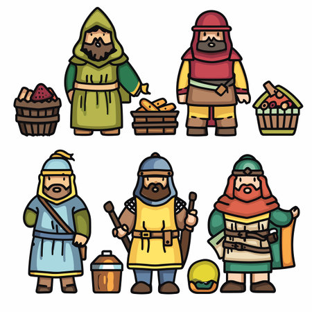 Six medieval cartoon characters, diverse roles, colorful attire. Vendors warriors, baskets goods, weapons, helmets. Detailed costumes suggest distinct medieval professionsのイラスト素材