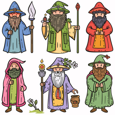 Six wizards, unique design, hold various mystical items. Detailed colorful robes, beards, hats define these magical characters. Cartoon style wizards, handdrawn fantasy themesのイラスト素材