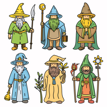 Six cartoon wizards various robes hats holding magical staffs wands. Diverse colors props representing different fantasy magic users, isolated white background. Wizards, beards, cloaks, fantasyのイラスト素材
