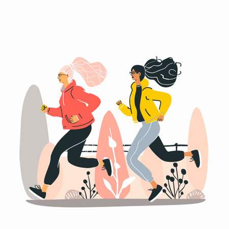 Two women jogging park, female runners exercising outdoors, fitness lifestyle. Young adult joggers wearing sports clothing, engaging physical activity, health concept illustrationのイラスト素材