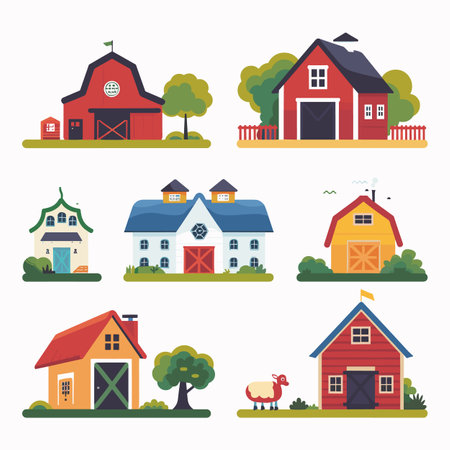 Collection colorful rural farmhouses barns surrounded greenery. Cartoon style homes agricultural buildings include sheep, trees, bushes. Simple, charming country houses barns vector illustration setのイラスト素材
