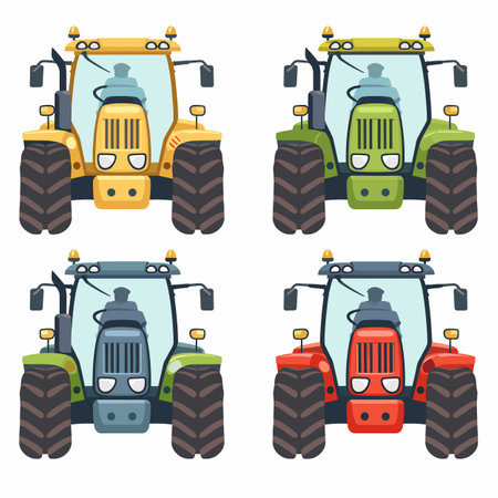 Four colorful cartoon tractors facing forward, different color. Farming equipment tractors, large wheels, agricultural machinery. Set flat design tractors, colors yellow, green, blue, redのイラスト素材