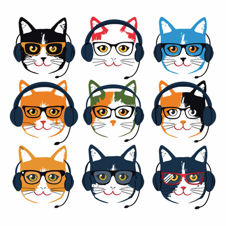 Nine different cats wearing colorful headphones, features distinct markings glasses, cat has unique look, various eye colors, fur patterns, accessories. Cartoonstyle feline faces express personalityのイラスト素材
