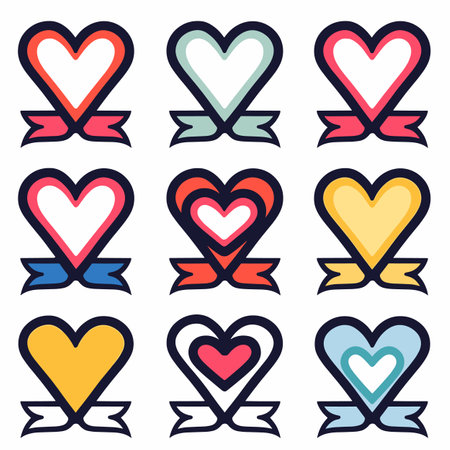 Nine colorful hearts, paired ribbon, lineart style white background. Hearts feature different colors shades, inner heart design. Vector graphic suitable lovethemed designs decorationsのイラスト素材