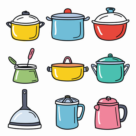 Six colorful kitchenware illustrations depict various pots plunger. Top row displays yellow pot lid, blue pot, red casserole lid. Bottom row presents green saucepan spoon, yellow Dutch oven handleのイラスト素材
