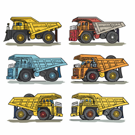 Six colorful dump trucks illustrated various hues designs. Heavyduty construction vehicles designed hauling materials. Vibrant, cartoonstyle mining trucks side viewのイラスト素材