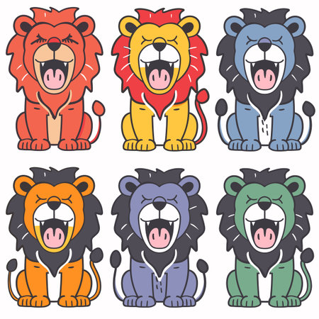 Six cartoon lions different fur colors roaring showing expressions. Top row has red, yellow, lions bottom row has orange, dark, green lions. Simplistic, colorful, flat design, childrensのイラスト素材