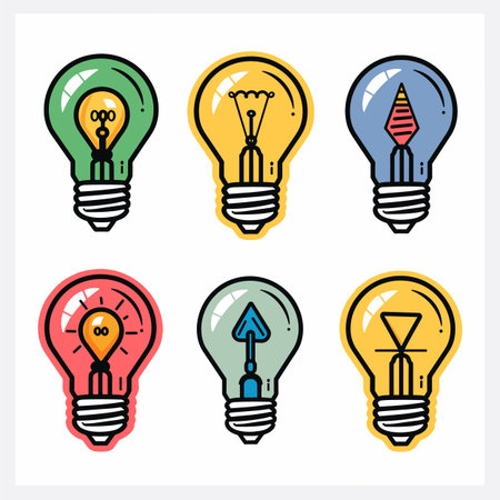 Six stylized light bulb icons representing different ideas concepts, colorful cartoon design. Light bulbs contain symbols person, clock, rocket, arrow, sand clock, isolated white backgroundのイラスト素材