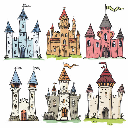 Handdrawn fairytale castles collection, colorful whimsical designs ideal childrens book illustrations, castle unique towers, flags, gates, set against white background. Storybook medievalのイラスト素材