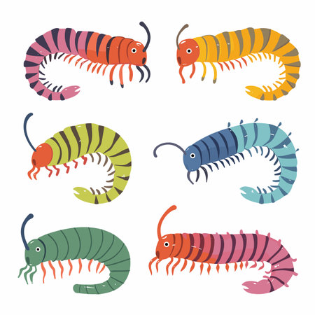 Set six colorful caterpillars cartoon illustrations isolated white, caterpillar has unique pattern stripes segments, different shades antenna types. Illustrations suitable childrens bookのイラスト素材