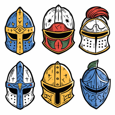 Six medieval knight helmets illustrated various colors designs. Helmets feature intricate details crests, plumes, visors, decorative patterns. Colors include blue, red, white, yellow, green goldenのイラスト素材