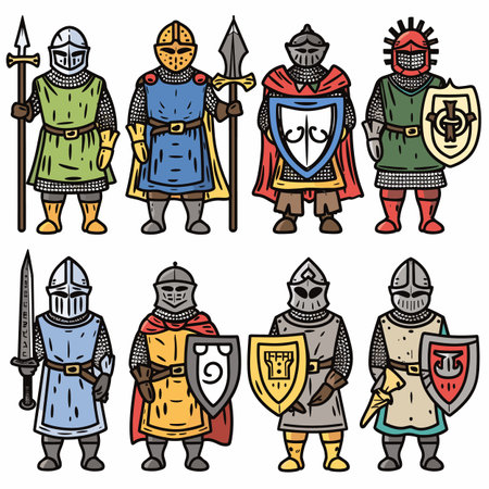 Medieval knights illustrated various poses holding weapons shields. Knights wear armor, helmets, heraldic emblems represent different noble houses. Colorful drawing armored characters depictingのイラスト素材