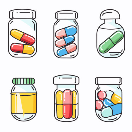 Six colorful cartoonstyle jars filled capsules, pills tablets medical healthcare themes. Medication bottles various shapes colored contents, suitable pharmacy drug concepts. Prescription drugのイラスト素材