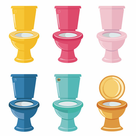 Six colorful toilets, variety hues, bathroom fixtures. Collection modern ceramic toilets, home improvement, sanitation. Bright colored side view, clean design, bathroom renovationのイラスト素材