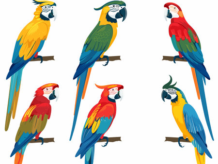 Six colorful parrots wearing face masks perched branches, vibrant tropical birds, cartoon style, health concept. Bright macaws red, yellow, blue, green colors, playful vector illustration birdsのイラスト素材