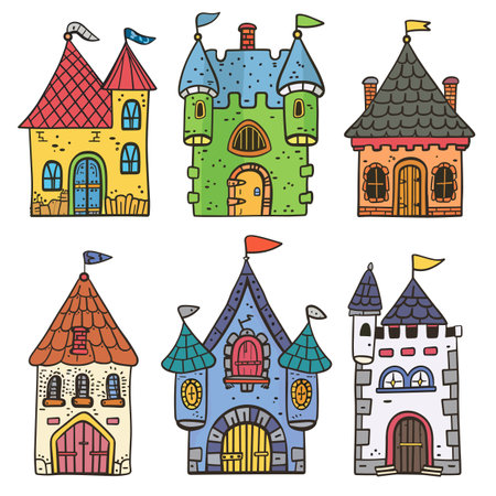 Colorful cartoon castles flags, towers, various architectural features white background. Handdrawn fantasy fortresses windows, doors, tiled shingled roofs. Set playful medieval fairytale castleのイラスト素材