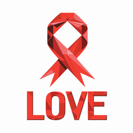 Red geometric awareness ribbon above word LOVE, representing solidarity support health issues. Awareness campaign symbol isolated white background, striking red color, love support conceptのイラスト素材