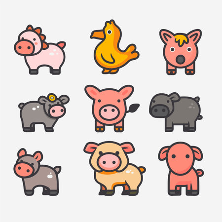 Nine cartoon farm animals, including different styles colors pigs yellow duck. Cute animals simple shapes flat design suitable childrens books games. Vector graphics livestock cheerful expressionsのイラスト素材