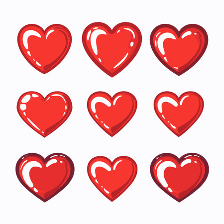 Nine glossy red hearts various styles shapes. Cartoon heart icons love expressions, romance, Valentines Day decorations. Shiny heart symbols, suitable greeting cards, love themed graphicsのイラスト素材