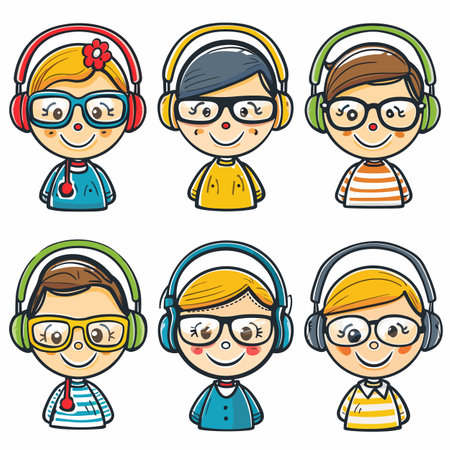 Six cartoon children wearing headphones, displaying different hairstyles clothes, looking cheerful. Bright colors, cute expressions, music podcast listening theme. Characters seem engaged, likelyのイラスト素材
