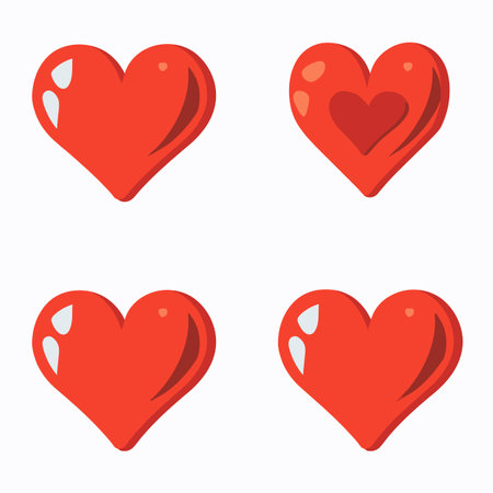 Four red hearts cartoon style isolated white background. Cute love symbols glossy reflections, Valentines Day, romance. Graphic valentine hearts set, bright primary color, shiny, relationshipのイラスト素材