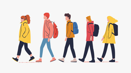 Side view diverse group walking, young adults casual wear carrying backpacks. Stylish people stride confidently, modern clothing, flat design vector. Animated characters marching, colorful attireのイラスト素材