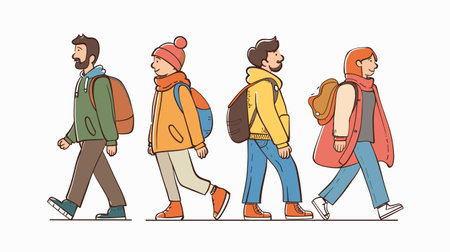 Four diverse individuals strolling side side, exuding distinct fashion styles. Casual, autumnal attire, beanies scarves, highlights cool weather. Group friends walking, showcasing youth, streetのイラスト素材
