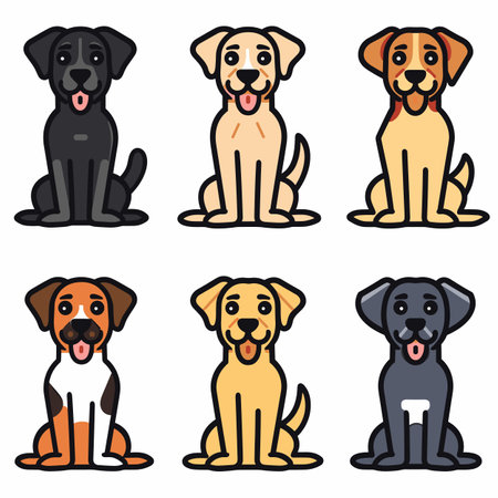 Six cartoon dogs various coat colors, sitting smiling, dog exhibits distinct color patterns, ranging solid black tan white markings, illustration conveys cheerful friendly demeanor simplisticのイラスト素材
